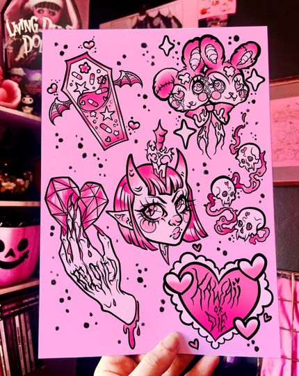 Discover Kawaii or Die Flash, Blackwork Tattoo Flash Art Print, pastel goth, anime