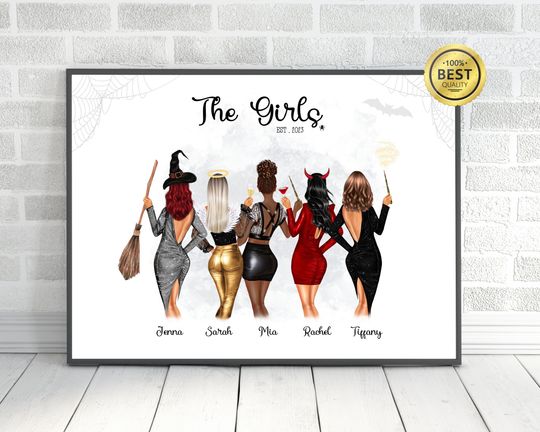 Personalized halloween friends gift, BFF gift, Personalized witch portrait