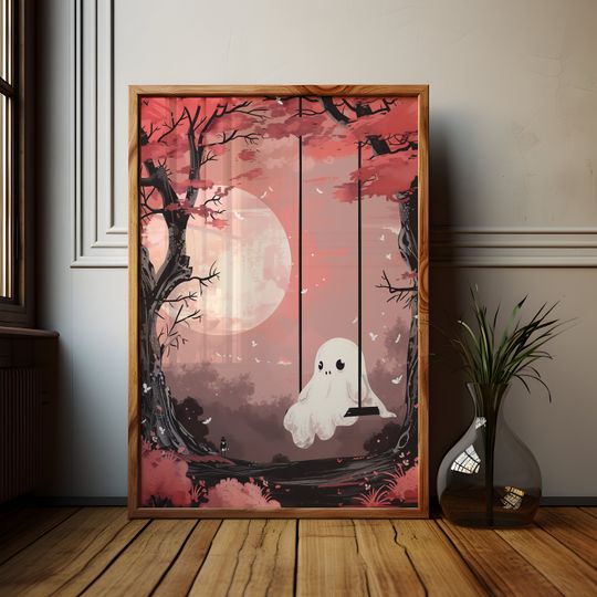 Swing Spirit Japanese Ghost Drawing Poster, Dark Academia Halloween Poster