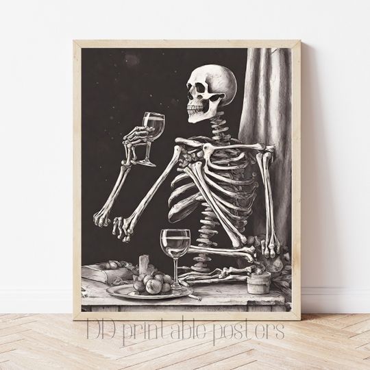 Skeleton halloween printable wall art, halloween decor, skeleton bar cart