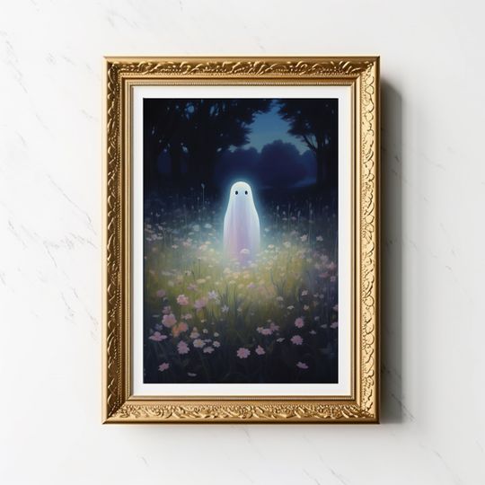 ghost in flower field print | whimsical spooky garden | HALLOWEEN POSTER