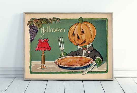 Vintage Halloween Pumpkin Man Postcard Printable Wall Art. Antique Halloween Art Print