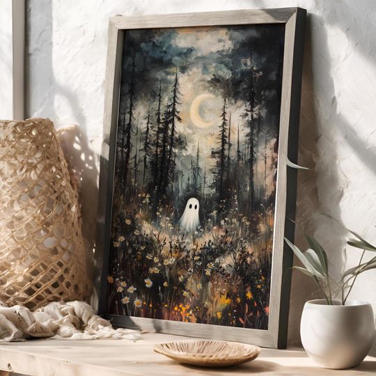 Discover Ghost in Magical Forest Wildflowers Meadow Art Print, Whimsical Halloween Decor
