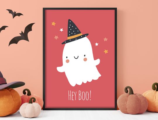 Discover Hey Boo! - Cute Ghost, Pastel Halloween, Poster Print, Wall Art