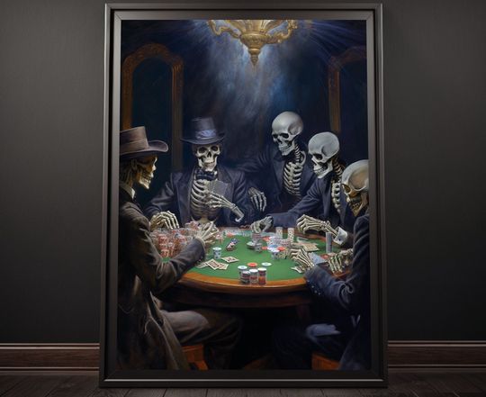 Discover Skeletons Playing Poker Poster, Skeleton Wall Art, Skeleton Art Print