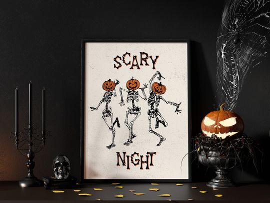 Discover Funny Pumpkin Head Skeleton, Scary Night Halloween Poster
