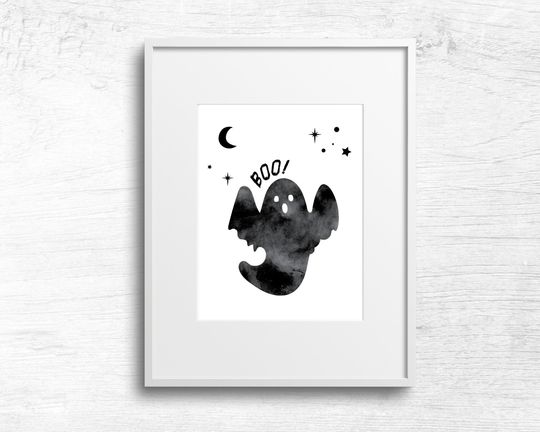 Watercolor Ghost Boo Sign, Halloween Poster, Halloween Art Print, Halloween Wall Art
