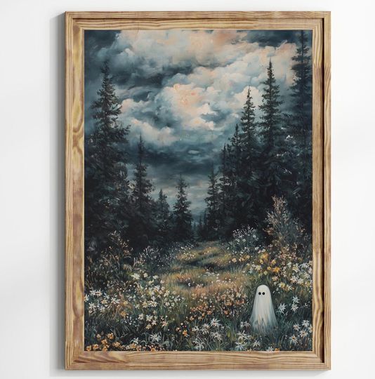 Discover Ghost in Magical Forest Wildflowers Meadow Art Print, Whimsical Halloween Decor