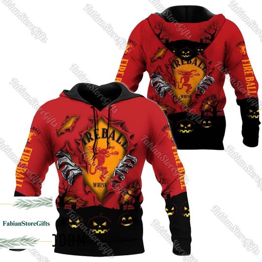 Fireball Whisky Halloween Hoodie, Unisex 3D All Over Print Tshirt,  Fireball Zip Hoodie