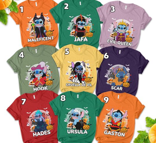 Disney Stitch Cosplay Villains Halloween Group Shirt, Stitch Maleficent Cruella Shirt