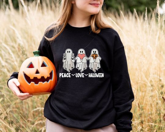 Discover Peace Love Halloween Sweatshirt, Cute Ghost Shirt, Trick Or Treat, Funny Halloween Sweater
