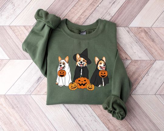Discover Ghost And Witch Corgi Dog Halloween Sweatshirt, Ghost Corgi Dog