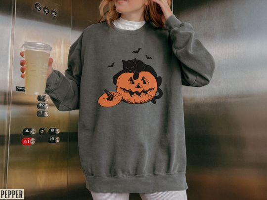 Discover Comfort Colors Black Cat Sweatshirt, Vintage Halloween Sweatshirt, Halloween Crewneck