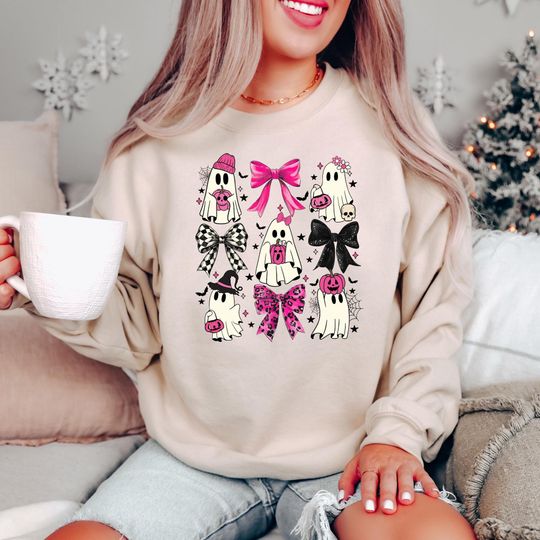 Discover Coquette Bow Halloween Ghost Sweatshirt, Pink Coquette Halloween Sweatshirt