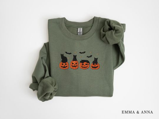Embroidered Black Cat Sweatshirt, Embroidered Halloween Sweatshirt, Pumpkin Shirt