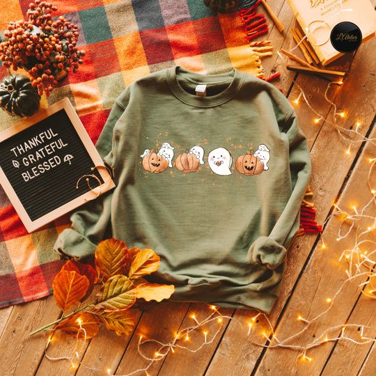 Discover Halloween Sweatshirt with Cute Little Ghosts and Pumpkin,  Autumn Sweater