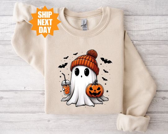 Discover Cute Ghost Sweatshirt, Cute Spooky Coffee Sweatshirt, Womens Ghost Sweatshirt