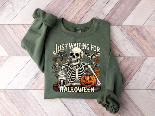 Discover Just Waiting For Halloween, Funny Halloween Sweatshirt, Halloween Coffee,  Fall Sweatshirt