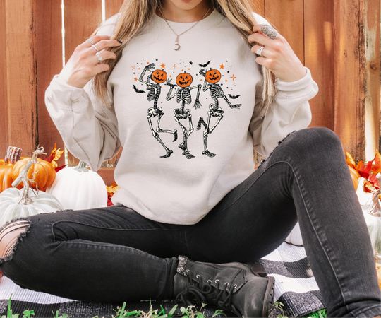 Funny Halloween Pumpkin Head Dancing Skeleton Sweatshirt, Halloween Sweatshirt