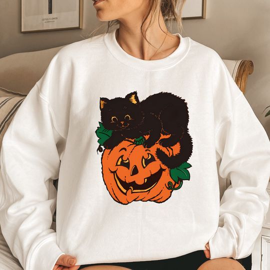 Vintage Halloween Unisex Sweatshirt and Hoodie, Pumpkin Halloween, Pumpkin and Black Cat Sweatshirt