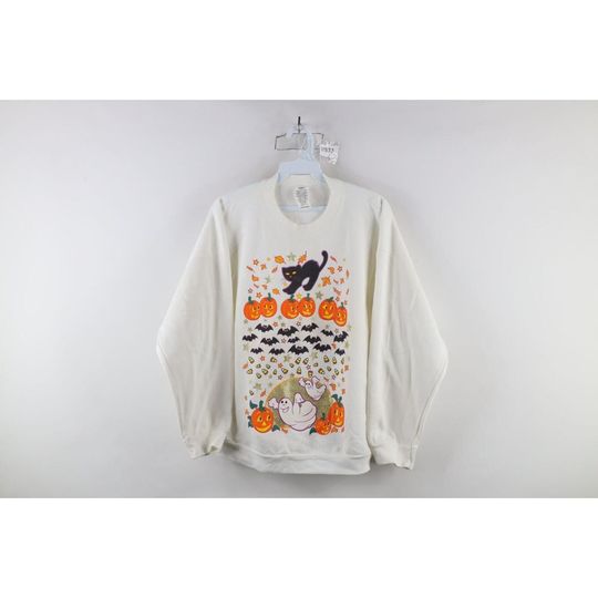 Discover 90s Womens Large Distressed Halloween Pumpkin Ghost Cat Sweatshirt USA
