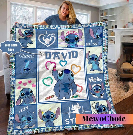 Discover Disney Stitch Quilt, Stitch Quilt Pattern, Custom Name Stitch Quilt, Cartoon Quilt, Queen Size Quilt, Disney Ohana Quilt, Stitch Decor