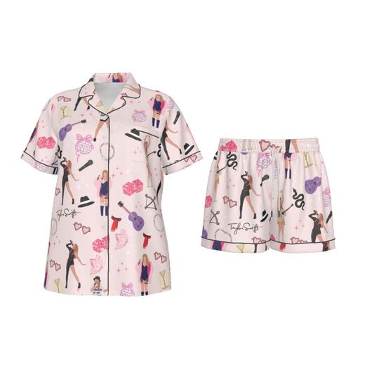All-Over Eras Tour Print Women's Imitation Silk Pajama Set With Short Sleeve