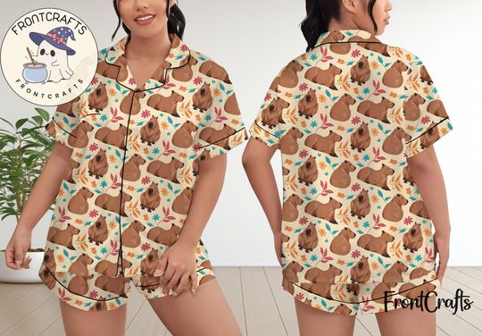 Capybara Pajamas Short Set, Capybara Pajamas Set, Holiday Pajamas Set, Pajamas Pants, Women Pajamas, Sleepwear Pyjamas
