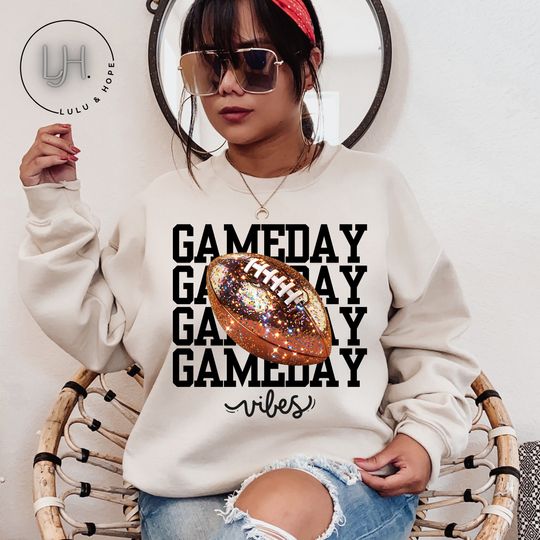 Discover Game Day Vibes Football Crewneck Sweatshirt, Sparkle Football Mom Shirt, Football Season Women Pullover Sweatshirt