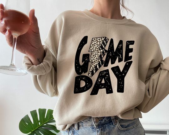 Game Day Sweatshirt, Gameday Leopard Lightning Bolt Sweatshirt, Gameday Crewneck, Womens Sports Sweatshirts, Baseball, Football Sweatshirt