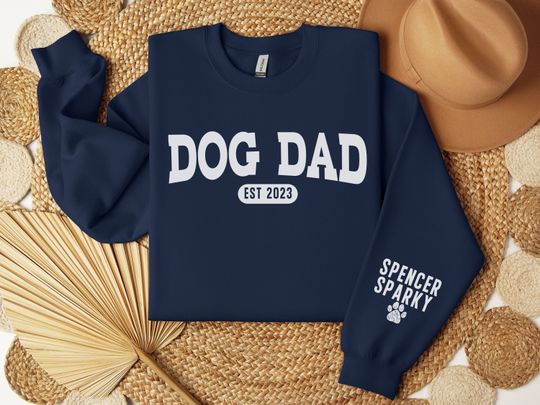 Discover Custom Varsity Dog Dad Sweatshirt, Custom Dog Dad Sweatshirt, Dog Name on Sleeve Hoodie, Dog Dad Gift, Gift For Dog Dad, Dog Dad Crewneck