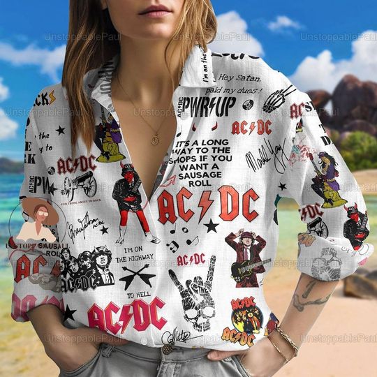 Discover AC-DC Linen Shirt, AC-DC Tour Linen Blouse, AC-DC Band Women Blouses, AC-DC Concert Shirt, AC-DC Band Linen Shirt, Button Up Shirt