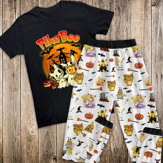 Discover Pikaboo Halloween Pajamas Set, Pikaboo Pajamas Set, Horror Movie Pajamas Set, P0kem0n Pajamas Set