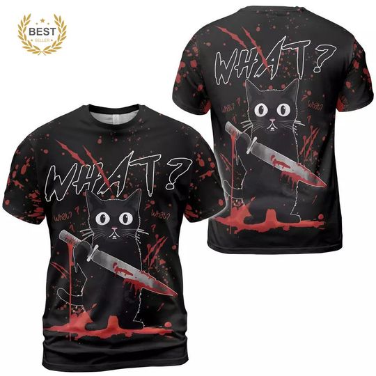Discover Horror Bloody Halloween Cat What T-Shirt 3D Unisex, Cat Horror T-shirt