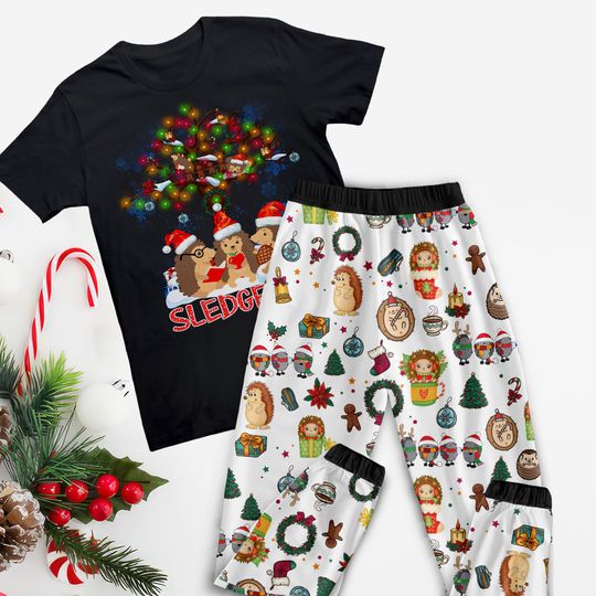 Hedgehog Christmas Tree Pajamas Set, The Stay Golden Family Pajamas, Family Christmas Pajamas Set.
