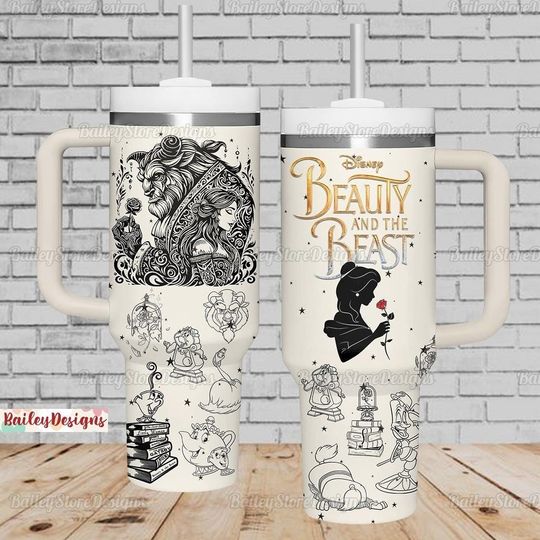 Beauty And The Beast Tumbler 40oz, Princess Belle Tumbler Cup, Beauty Beast Coffee Tumbler, Princess Disney Stainless Tumbler