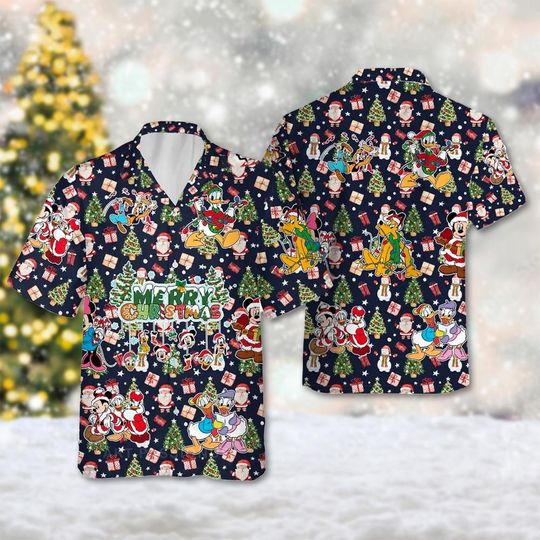 Santa Mickey Mouse Christmas Hawaii Shirt, Mickey & Friends Xmas Hawaiian Shirt, Minnie Mouse Christmas Shirt, Magic Kingdom Shirt