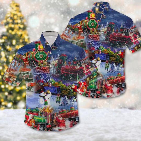 Discover Train to Christmas Hawaiian Shirt, Train Christmas Holiday Hawaii Shirt, Train Xmas Party Shirt, Santa Clause 3D All Over Print Shirt