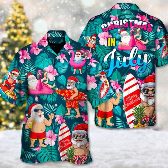 Discover Christmas In July Santa Claus Tropical Hawaii Shirt, Santa Button Up Shirt, Santa Hawaiian Shirt, Xmas Party Gift, Santa Claus 3D Shirt