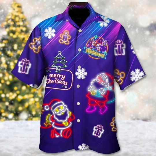 Discover Santa Neon Light Christmas Hawaii Shirt, Santa Claus Button Up Shirt, Santa Hawaiian Shirt, Xmas Party Gift, Santa 3D All Over Print Shirt