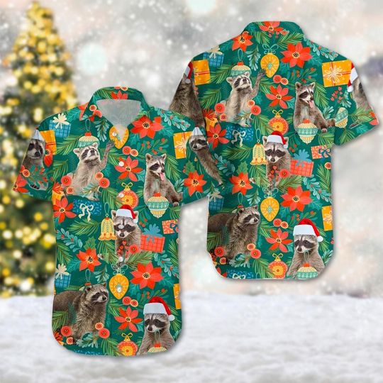 Discover Funny Raccoon Christmas Hawaiian Shirt, Raccoon Button Up Shirt, Raccoon Santa Hat Hawaiian Shirt Gift, Raccoon Xmas Party Shirt