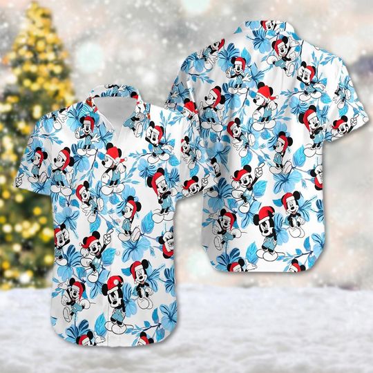 Discover Mickey Mouse Christmas Hawaii Shirt, Mickey Mouse Button Up Shirt, Mouse Xmas Hawaiian Shirt, Mickey Santa Hat 3D All Over Print Shirt