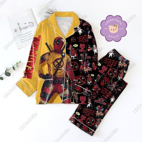 Halloween Deadpool Pajamas Set, Deadpool And Wolverine Shirt, Deadpool Movie 3 Pajamas, Marvel Superheroes Shirt, Holiday Pajamas