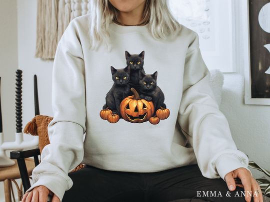 Discover Halloween Sweatshirt, Halloween Sweater, Cat on Pumpkin Sweatshirt