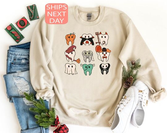 Discover Funny Halloween Teeth Sweatshirt, Spooky Halloween Dentist Sweatshirt