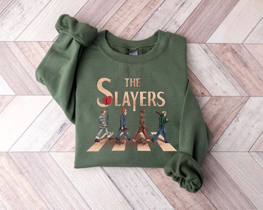 The Slayers Horror Movie Icons Abbey Road Parody T-Shirt - Unique Graphic Tee for Horror Fans - The Slayers Sweater, Perfect Halloween Gift