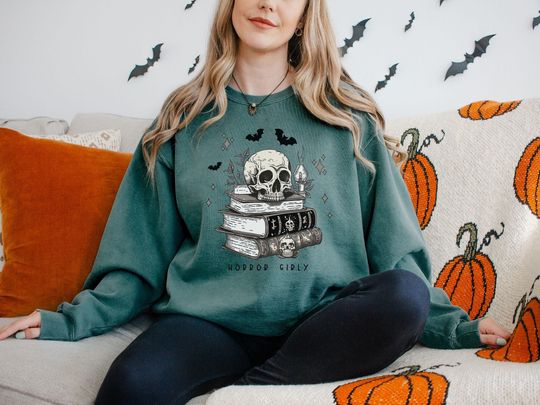 Discover Comfort Colors Skull And Books Sweatshirt, Horror Books Sweater For Book Lover