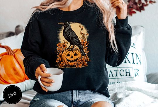 Discover Raven Pumpkin Sweatshirt, Vintage Halloween Aesthetic Sweater