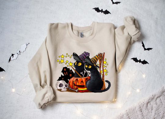 Discover Halloween Sweatshirt,Cat Sweatshirt,Ghost ,Halloween Sweater,Cool Halloween Cat Sweatshirt