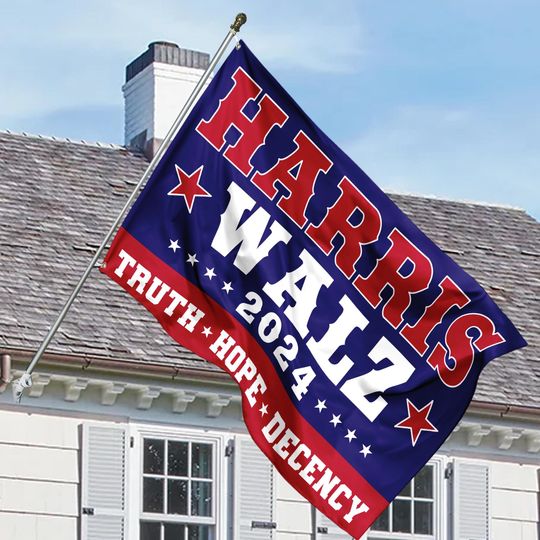 Discover Kamala Harris Tim Walz President VP 2024 US Election House Flag, Harris Walz Truth Hope Decency Flag, Vote Blue Flag, President Kamala Flag